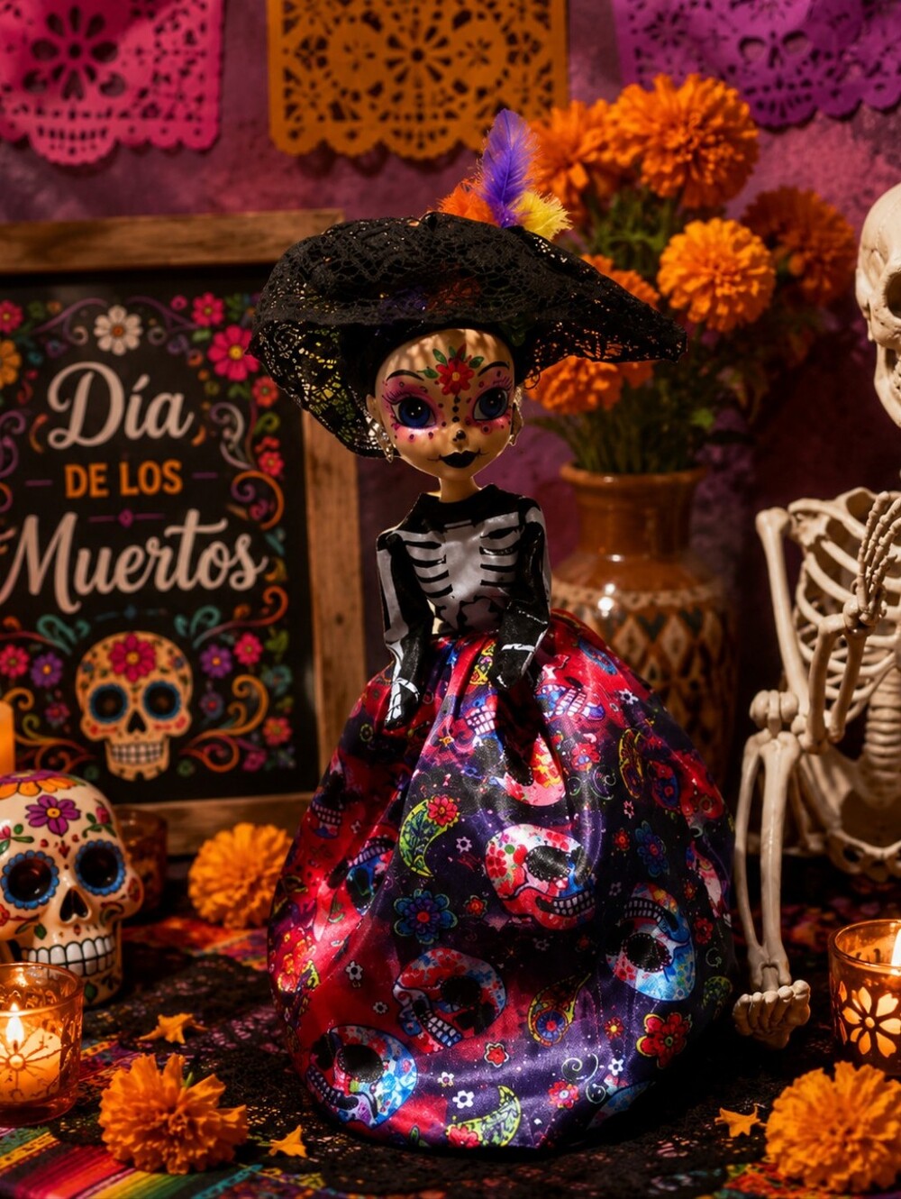 Colorful Day of the Dead Doll with Skeleton Dress